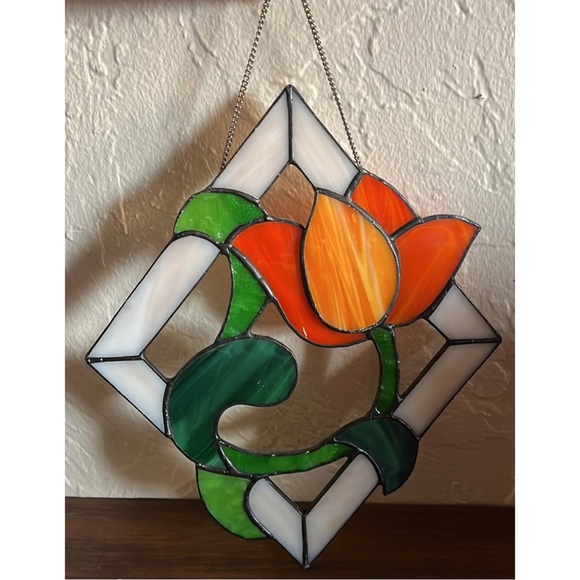 💐✨Vintage Handmade Floral Stained Glass Tulip Flower Art Hanging Piece✨💐 - Picture 4 of 4
